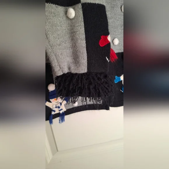 Karen Scott Women Patchwork Winter Snowman Fringe Wacky Cardigan Sweater PL - Picture 5 of 10